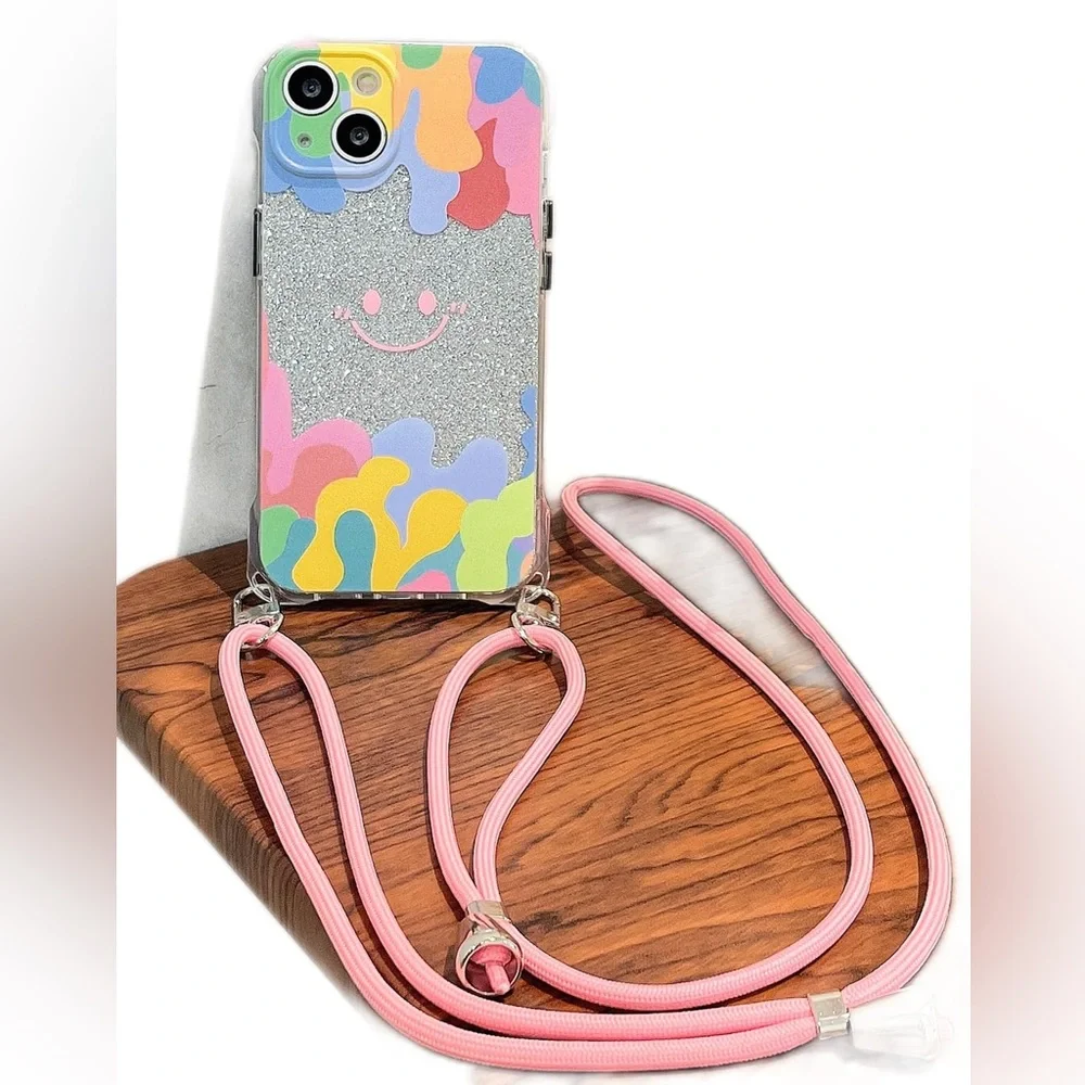 Colorful Smiley Face Phone Case with Pink Strap